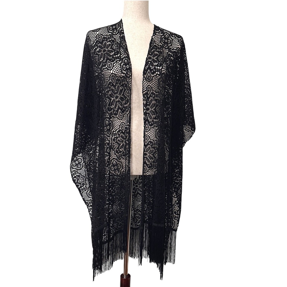 VTG Black Crochet Lace Kimono Fringe Swim Cover Up Boho Festival Whimsigoth OS - Picture 2 of 8